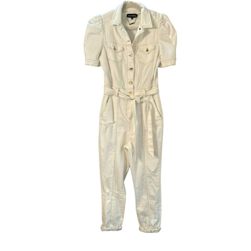 Retrofete Women's White Denim Tori Jumpsuit Medium Revolve Belted Distressed